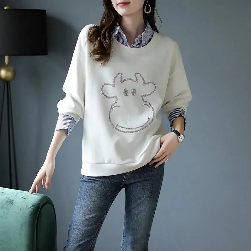 Casual Fashion Cartoon Diamonds Long Sleeve Sweatshirts Women's Clothing Korean Loose Fake Two Pieces Polo-Neck Tops for Female