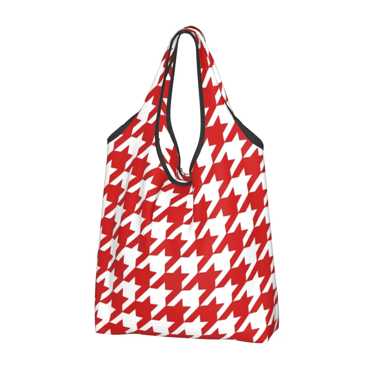 

Reusable Red Houndstooth Shopping Bag Women Tote Bag Portable Geometric Dogstooth Grocery Shopper Bags