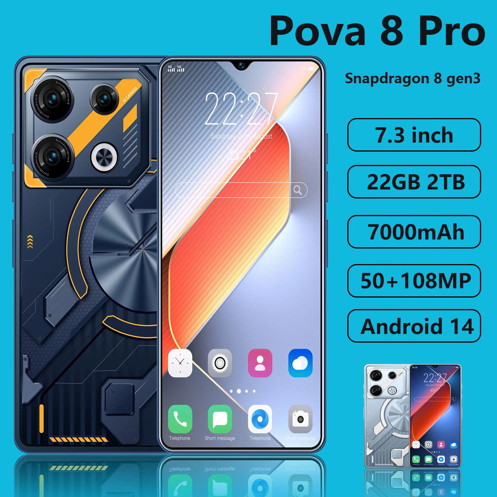 Pova 8 Pro Smartphone smart phone 5G 7.3inch HD 22G+2TB Cell Phone Dual SIM Mobile Phones 50+108MP 7000mAh Android 14 Unlocked NFC