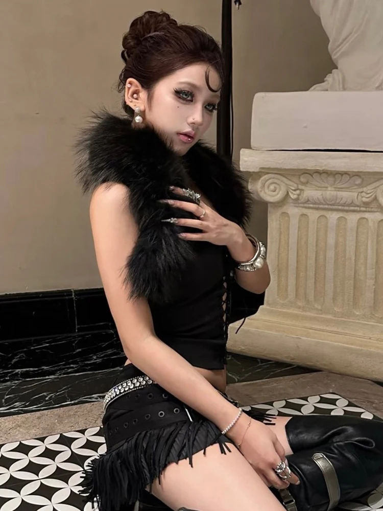 Nibbers Coquette Furry Patchwork Tank Top Women Sexy Y2K Halter Backless Shirring Fashion Slim Stretch Midnight Party Clubwear