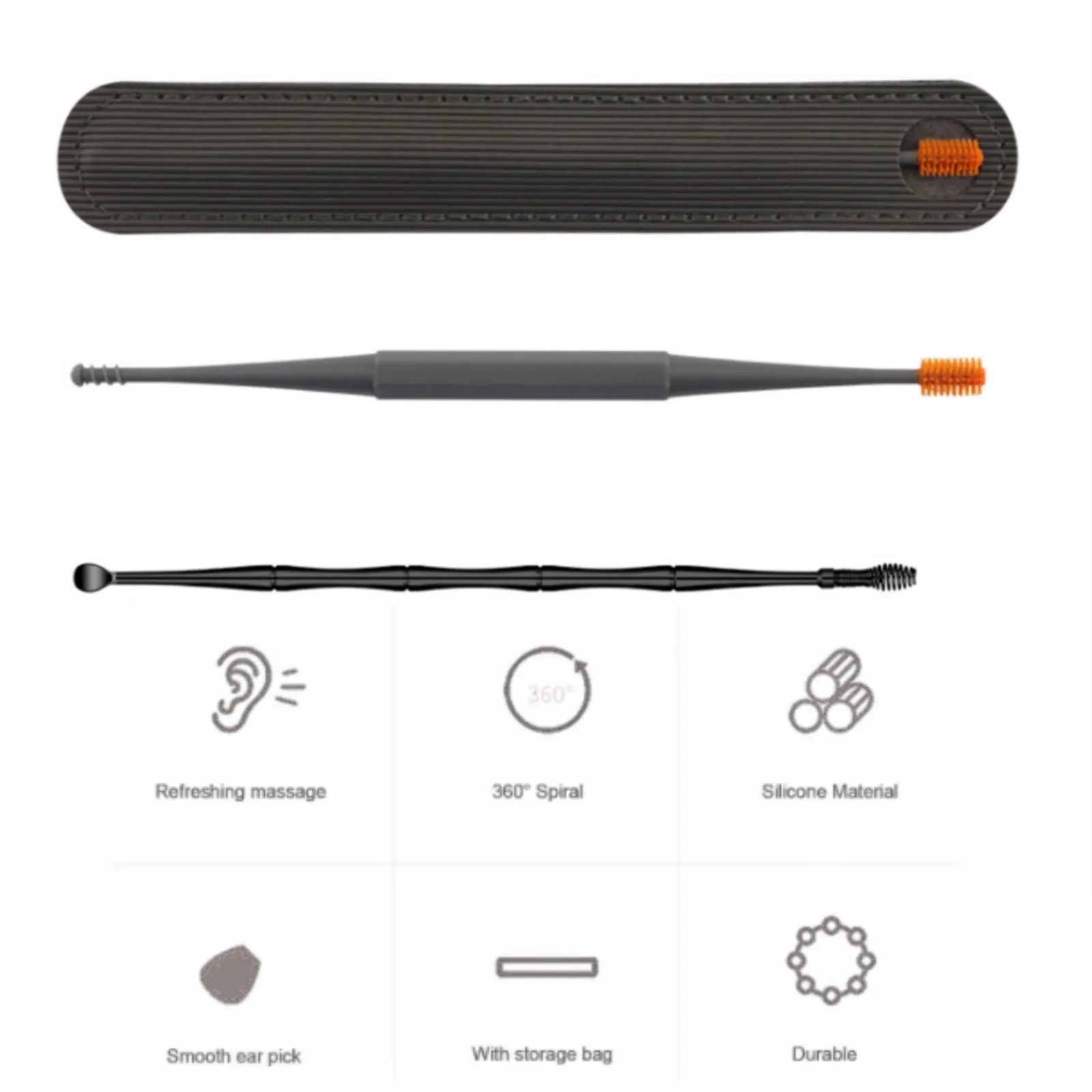 2PCS Soft Silicone Ear Pick Double Head Ear Cleaner 360° Spiral Swab Ear Wax  Removal Tool Earpick Remover with Leather Bag