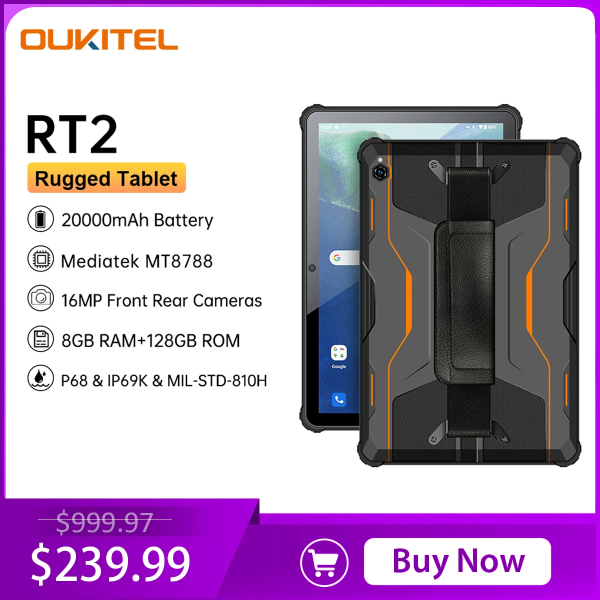 Oukitel 4G Net Rt2 Rugged Tablet Phone 8Gb + 128Gb 20000Mah 10.1 "Fhd Octa Core Tablet Android Tablet 16Mp + 16Mp