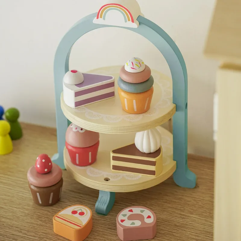 Wooden Pretend Play Tea Time Ice Cream Cake Simulation Double Layer Dessert Stand Educational Toys for Kids Playhouse