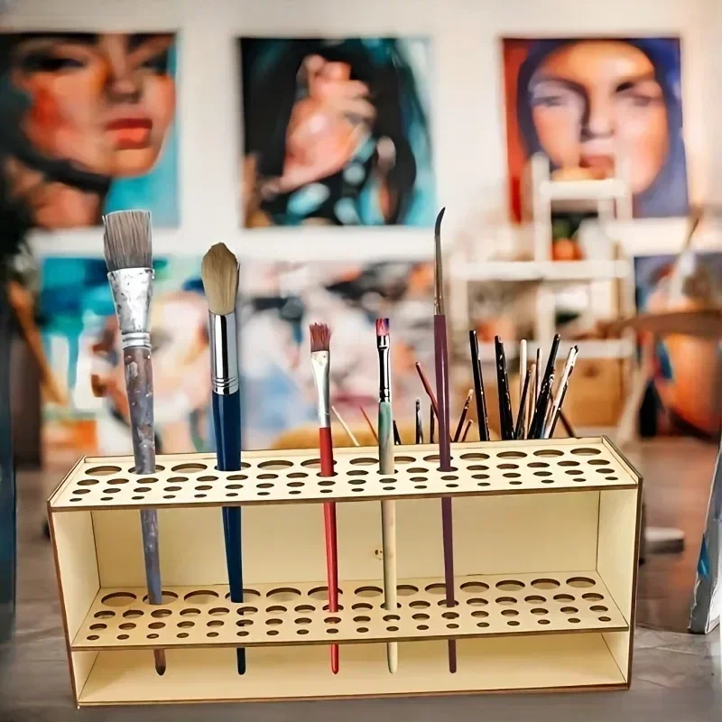 1pc Spacious Modern Wooden Paint Brush Holder-Multi-Slot Organizer with Removable Art Pen Holder,Durable Artist Tool Storage 4