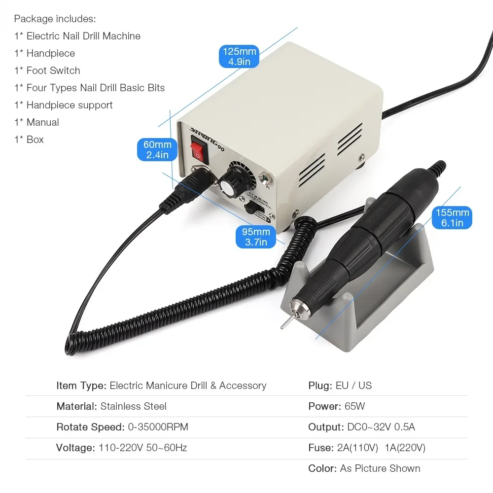 Strong 90 65W 35000RPM Professional Electric Nail Art Drill Machine Stainless Steel Pedicure Nail Polishing Manicure Machine 6