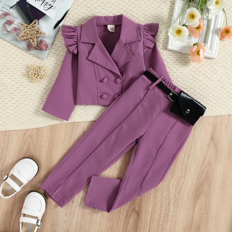 1-6Y Kids Girls Autumn Clothes Set with Belt Bag Baby Ruffle Long Sleeve Lapel Blazer Outwear + Long Pants 3Pcs Children Outfits kids clothing set,girls clothing set