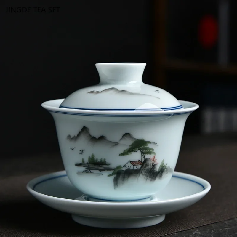 1PCS 140ml Chinese blue and white porcelain gaiwan home high-grade palace style tea maker Chinese beauty small tea bowl