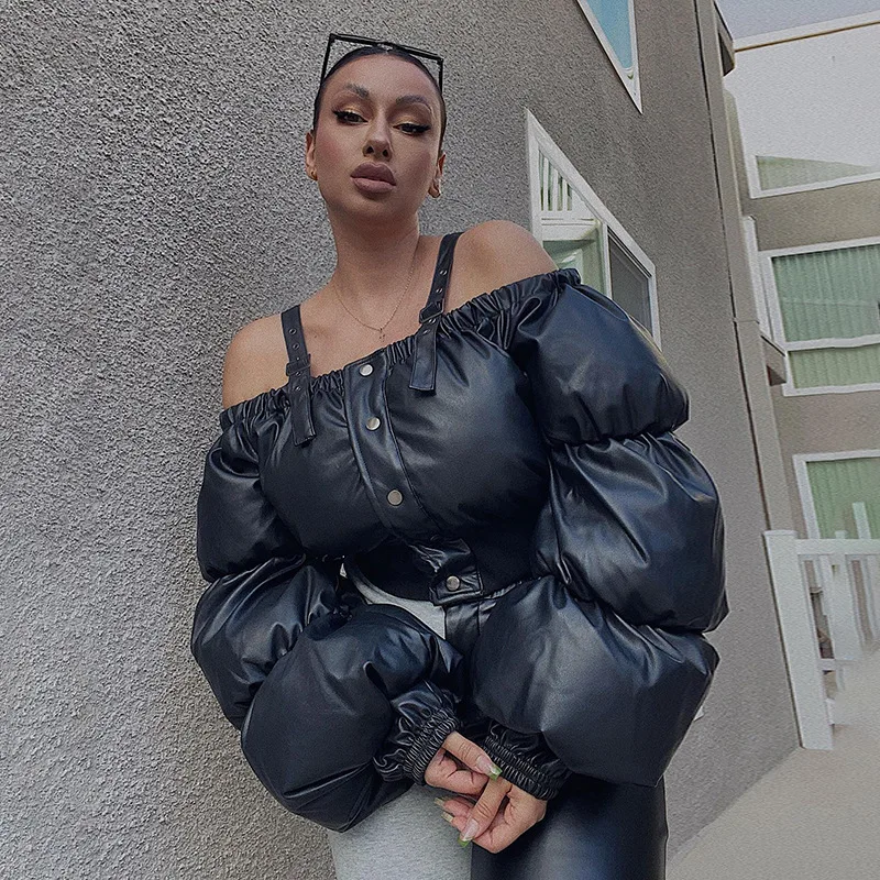 

One Shoulder Parkas Winter Jackets for Women 2023 Spicy Girl Streetwear Sexy Adjustable Strap Bubble Sleeve Short Cotton Coat