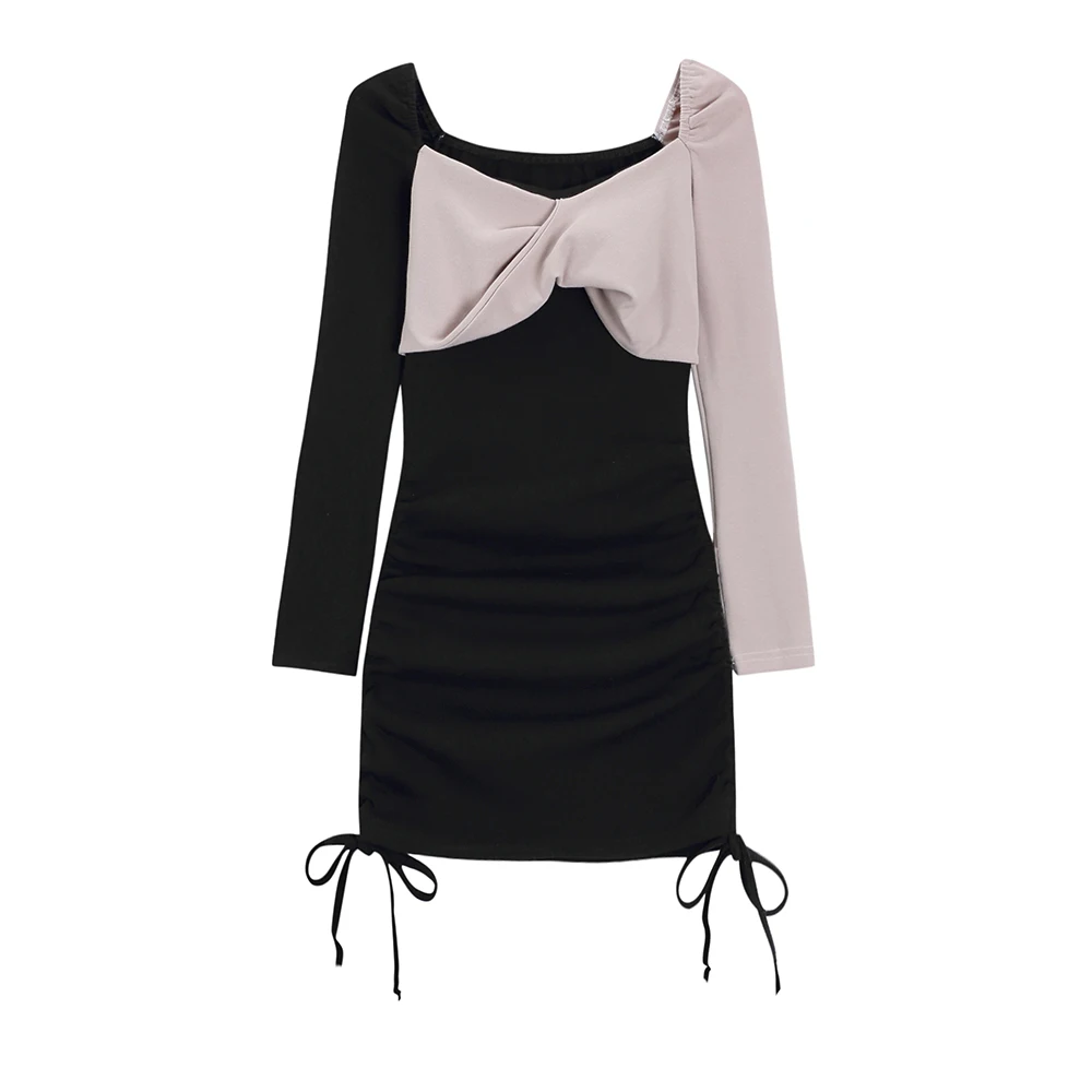 

Long Sleeve Splice Cotton Mini Dress Sexy Drawstring Body-Con Highwaist Miniskirt Slim Fit One-Piece Lady 2023 Spring Summer