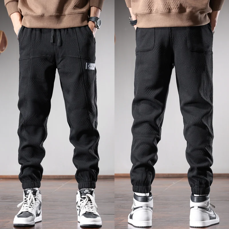 Autumn Black Elastic Waist Pants Men Casual Baggy Pencil Pants Streetwear Clothing Korean Style Drawstring Jogging Trousers