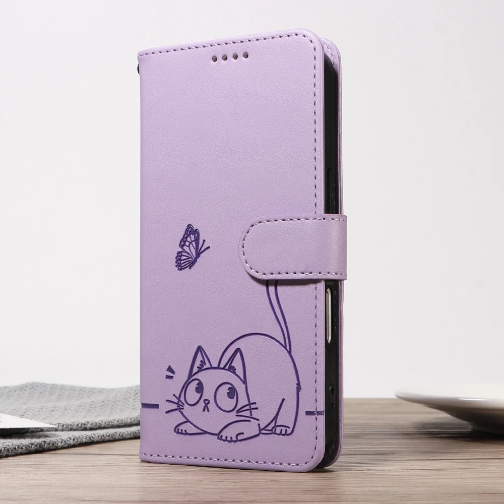Premium Magnetic Leather Wallet Case with Cat and Butterfly Embossed Design