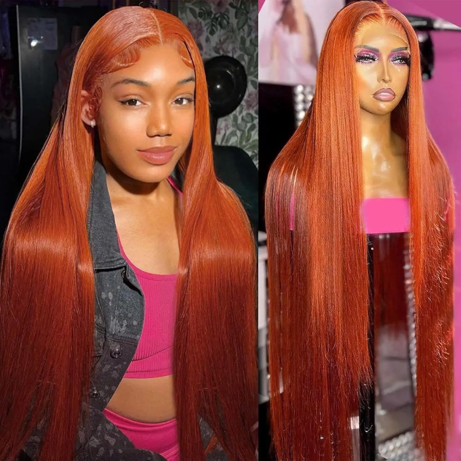 13x4 HD Lace Front Wig 34 Inch Ginger Orange Straight 250 Density Pre Plucked Natural with Baby Hair 2