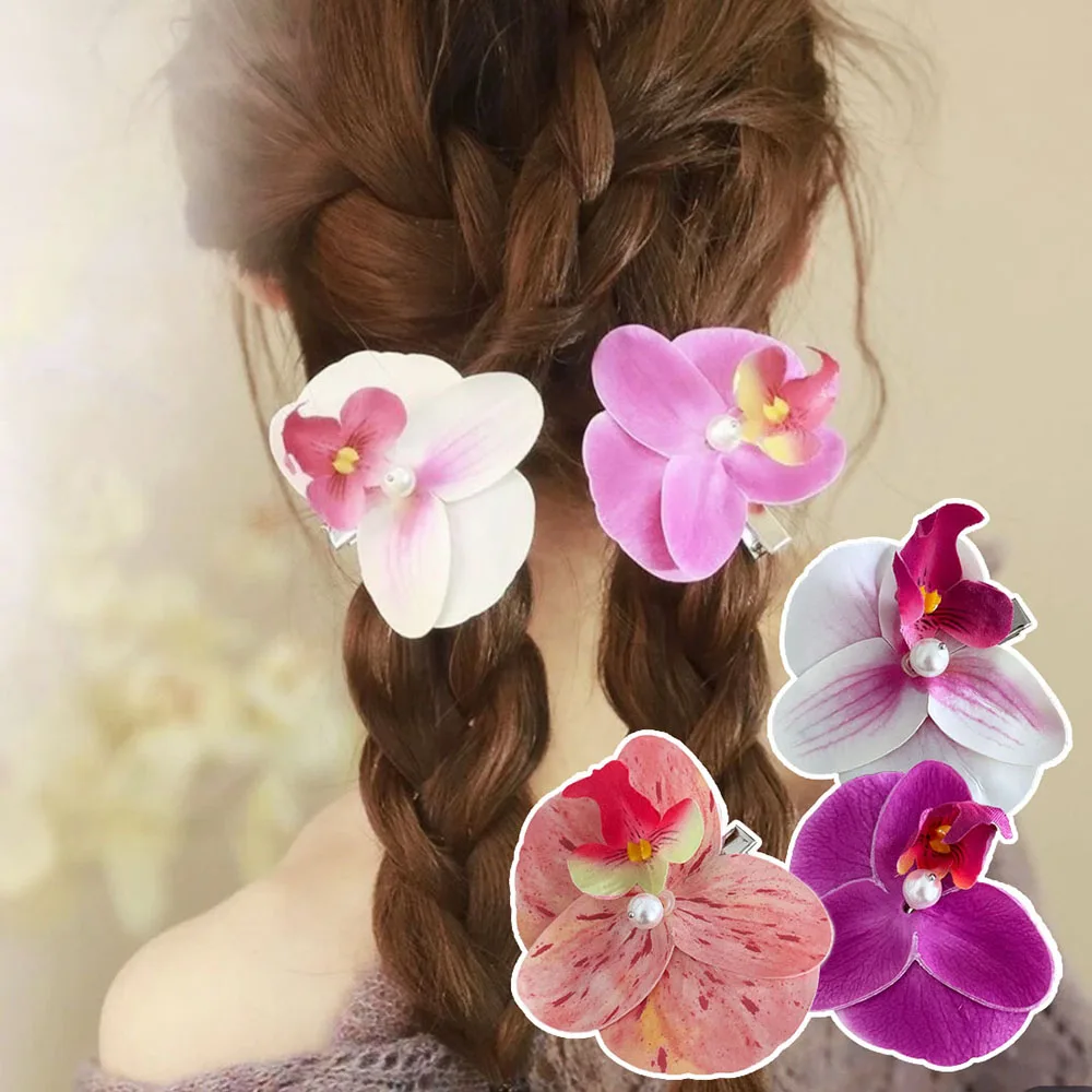 

Pink Orchid Flower Hair Clip Headdress Sweet Side Barrettes Hairpin Ornament Bohemia Bridal Wedding Party Hair Accessories