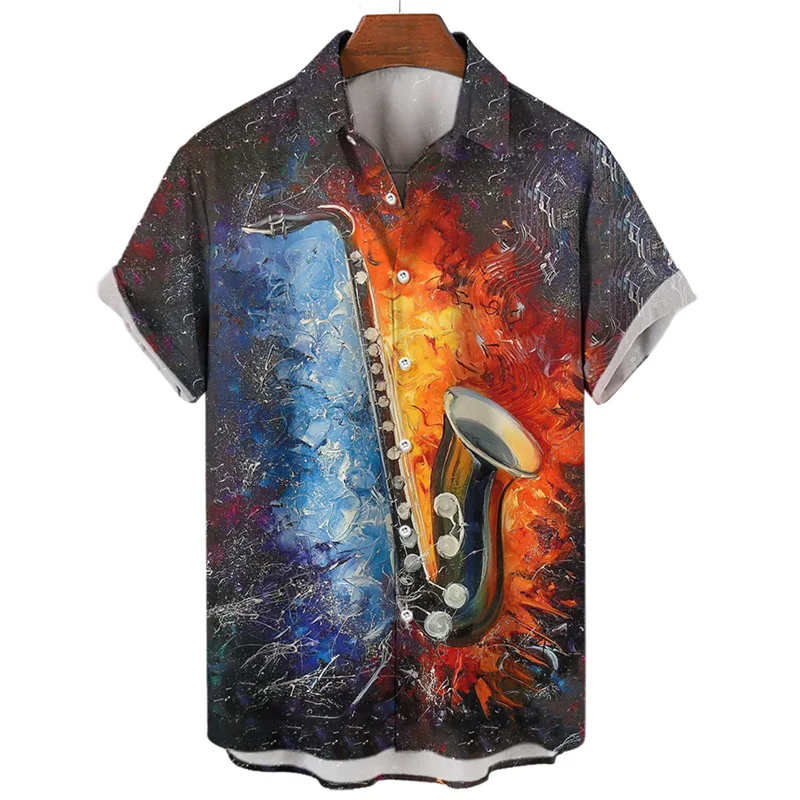 thumbnail image 1 of Camisa hawaiana con estampado 3D de saxofón musical para hombre, camisetas de manga corta con partituras musicales y guitarra, camisetas casuales de moda estilo Harajuku, 1 of 5