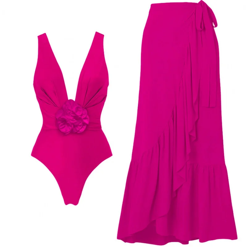 2024New One-Piece Swimsuit Women's Skinny Slimming Retro Large Flower Swimsuit Sexy Cover Belly Suit