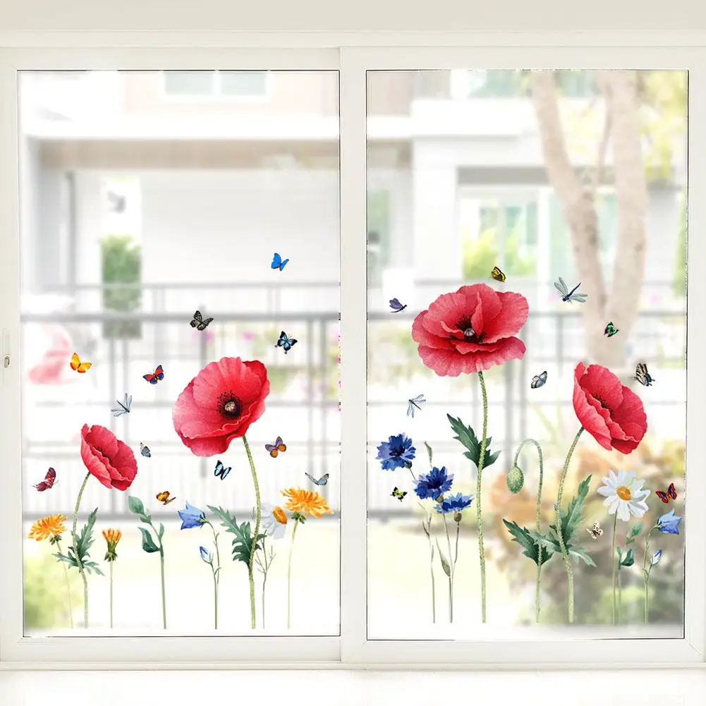 

2Pcs Red Flower Butterfly Double Sided Visible Decorative Wall Decal PVC Electrostatic Paste Window Glass Paste Wall Sticker