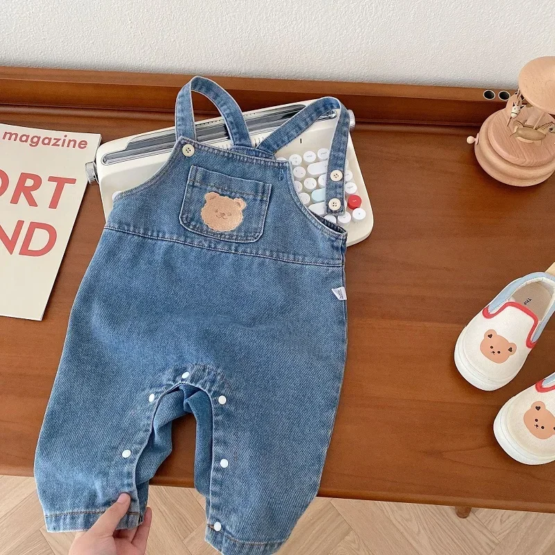 

2023 Autumn Newborn Baby Clothes 0-2Years Boy Girl Long Sleeve Striped T-shirt Tops Bear Pocket Denim Jumpsuit Overalls Outfits