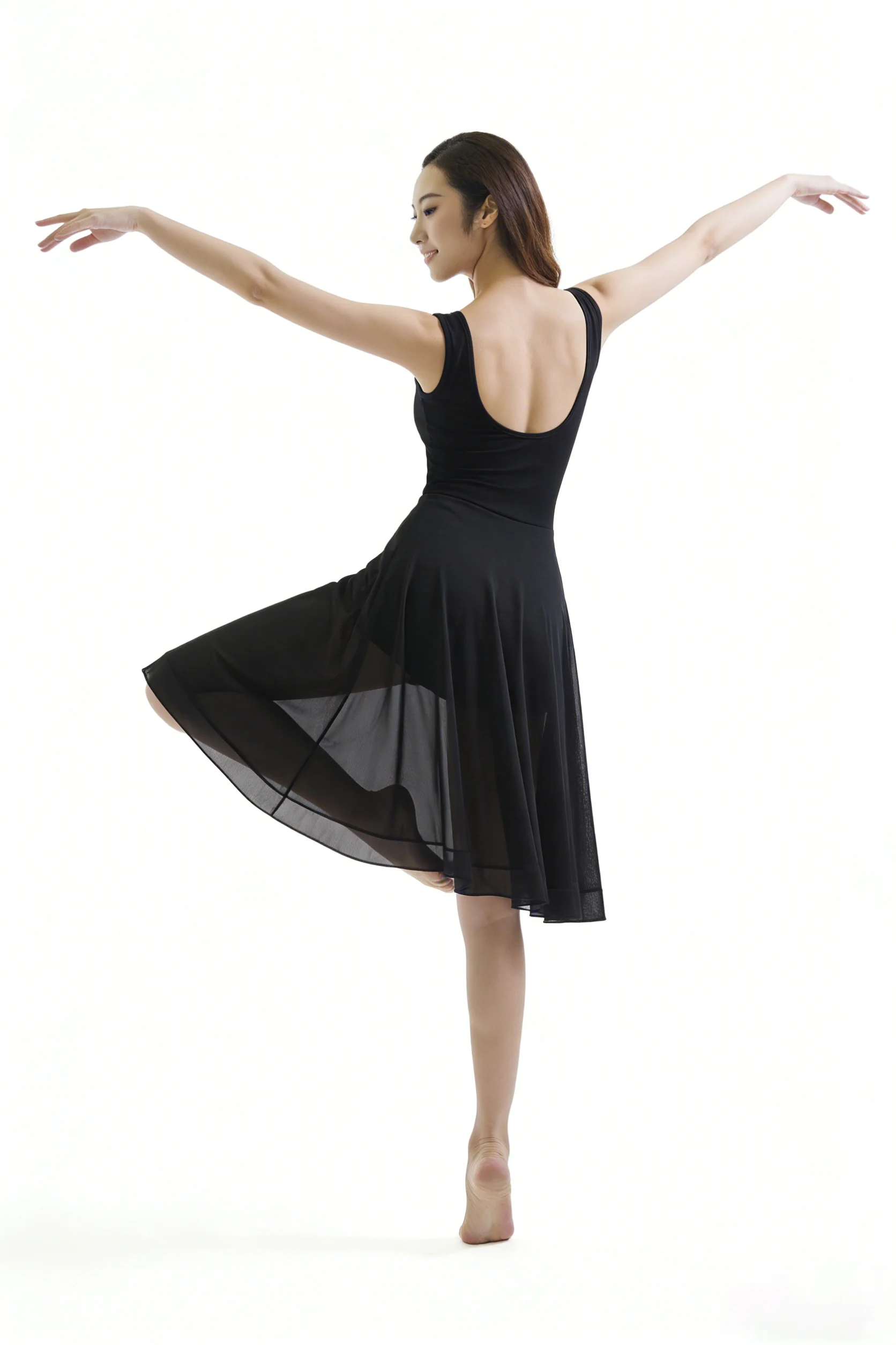 Adult Women Lyrical Dance Costume Modern Contemporary Dancewear V-Neck Backless Mesh Tulle Flowy Overlay Dress Stage Performance - 4