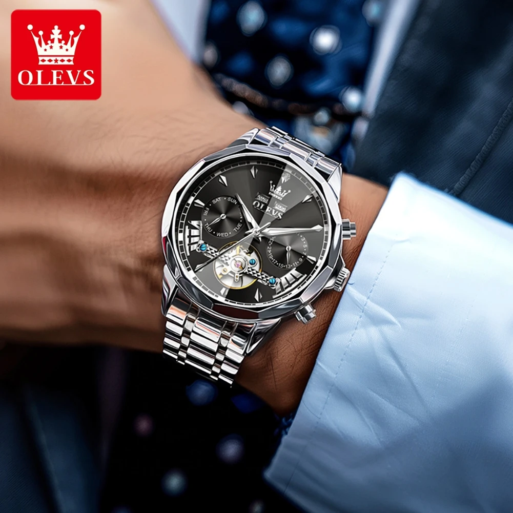 OLEVS 6619 Mechanical Watch For Men Auto Date Rhombus Mirror Hollow Luxury Man Watches Waterproof Luminous Fashion Wristwatch