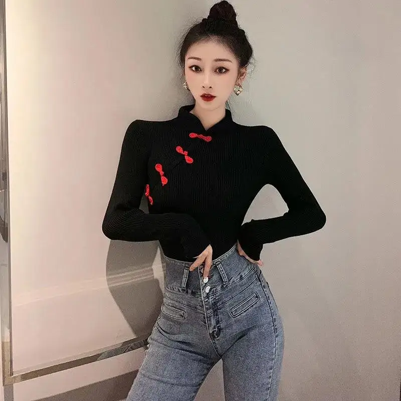 2023 Black Sexy Asian Clothes Oriental Chinese T Shirt Long Sleeve Asian Streetwear Cheongsam Top Chinese Style Clothing Women images - 6