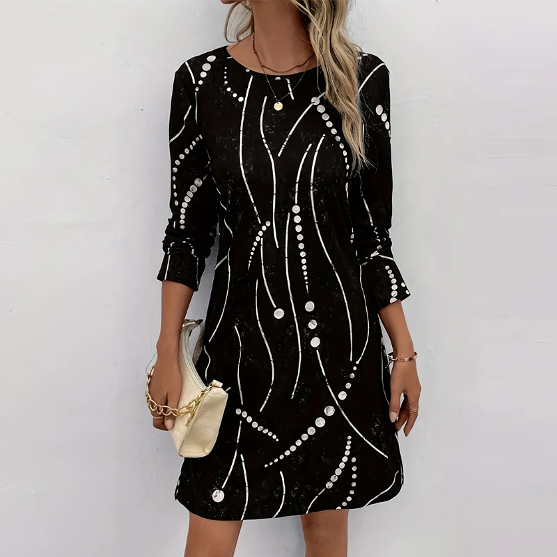

Female Casual O Neck Pullover Dress Autumn Spring Geometry Print Commute A-line Dress Elegant Long Sleeve High Street Mini Dress