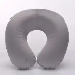 Portable U-Shaped Inflatable Travel Pillow with Short Plush Cover for Neck and Spine Support (Gray)