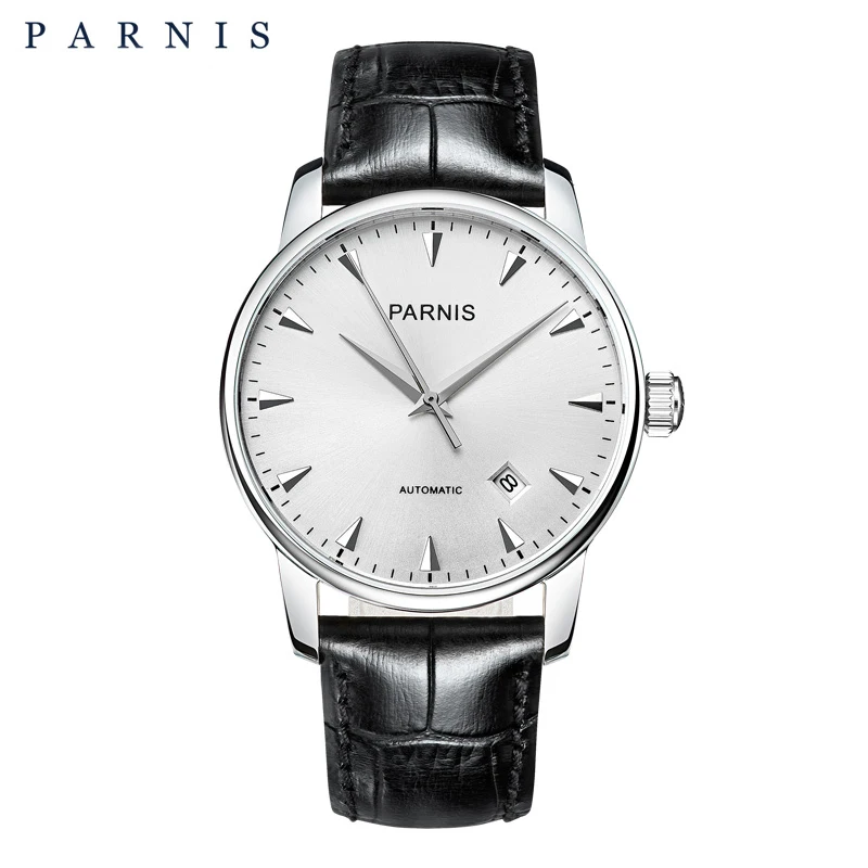 

New Fashion Parnis 38mm White Dial Automatic Mechanical Men's Watches Sapphire Leather Strap Calendar Watch For Men reloj hombre