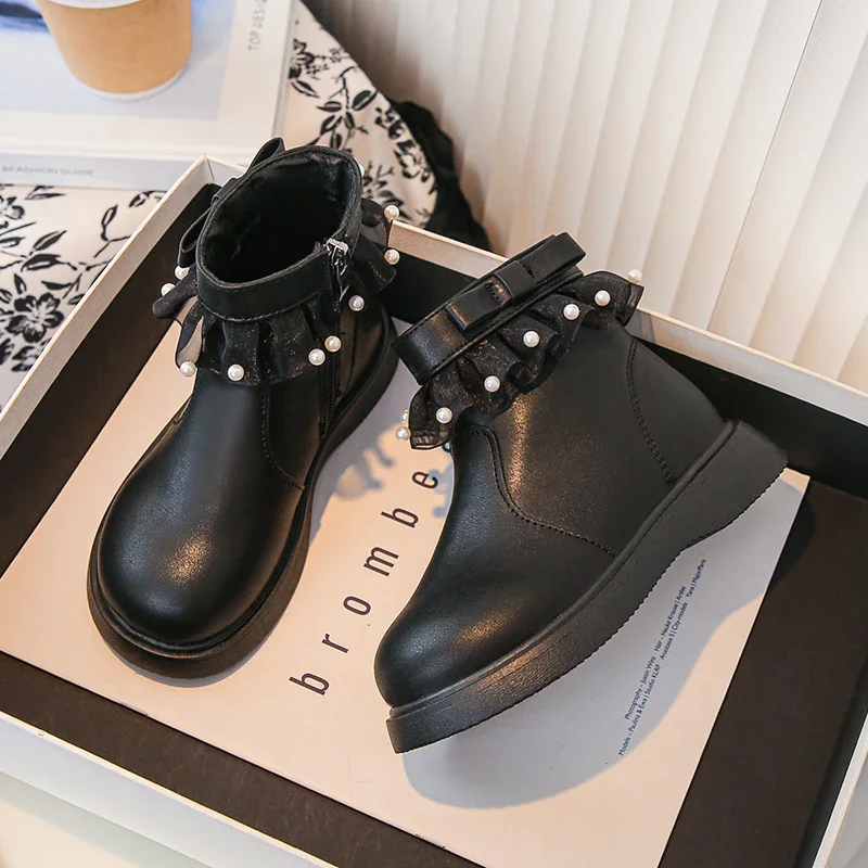 Fashion Girl's Ankle Boot Sweet Lolita Style Princess Lace Children's Causal Boots Versatile Elegant Kids School Leather Boots