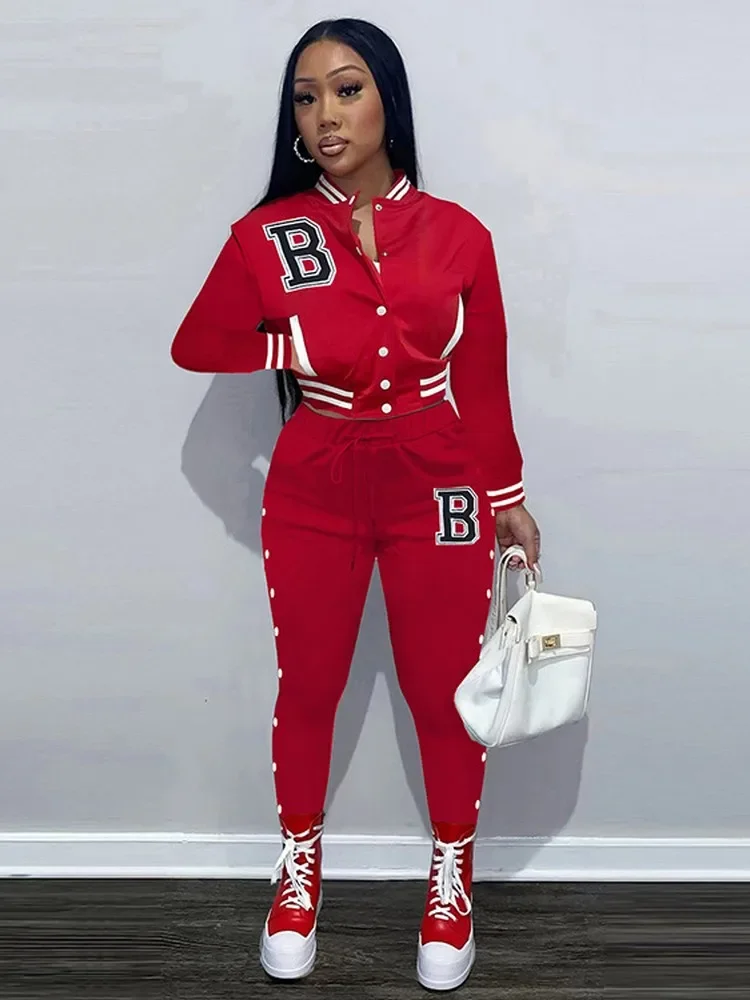 

Letter Printing Sporty Two Piece Sets For Women Round Neck Cropped Pockets Jacket + Drawstring Waist Pencil Pants Matching Sets
