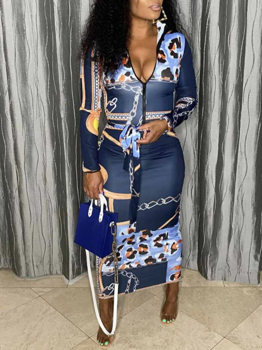 

LW Chain Print Zipper Design Bodycon Dress Summer Casual Pattern Long Sleeve Round Neck Belt Ankle Length Maxi Dresses for Women