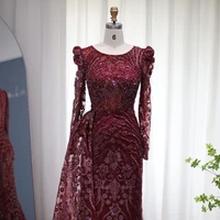Luxury Dubai Burgundy Mermaid Muslim Evening Dress Overskirt Long Sleeves Brown Plus Size Women Wedding Party 127 1