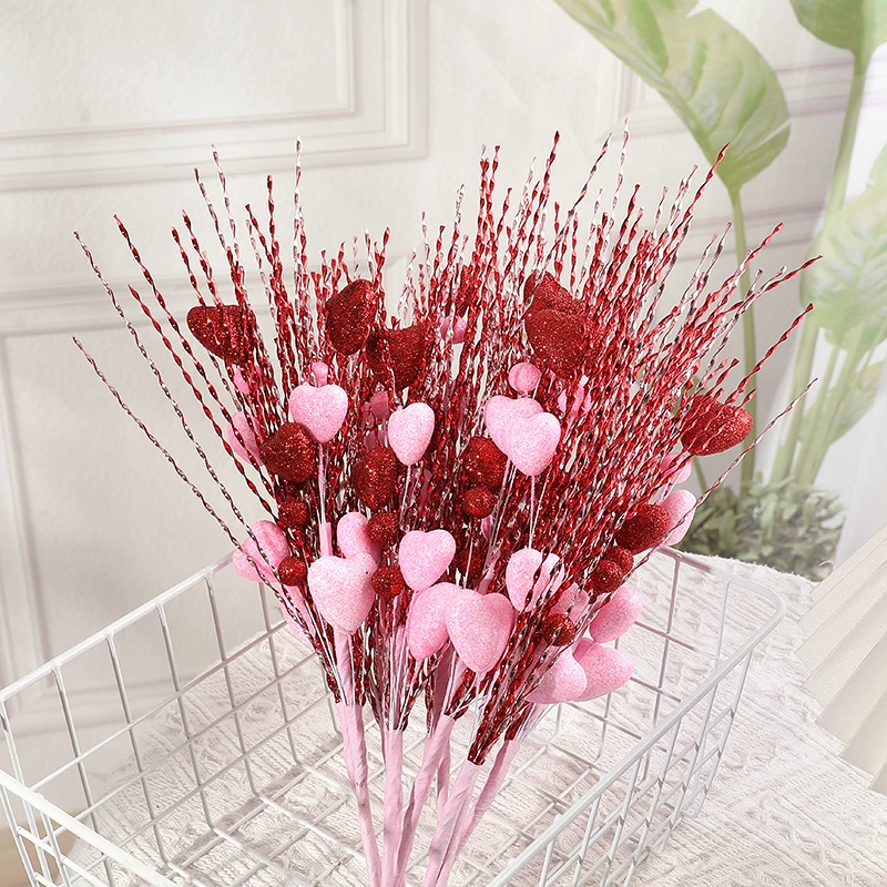 5pcs/lot Artificial Heart Shaped Berry Picks Flower Stem Branches for Valentines Day Wedding Party Home Table Decoration Gifts