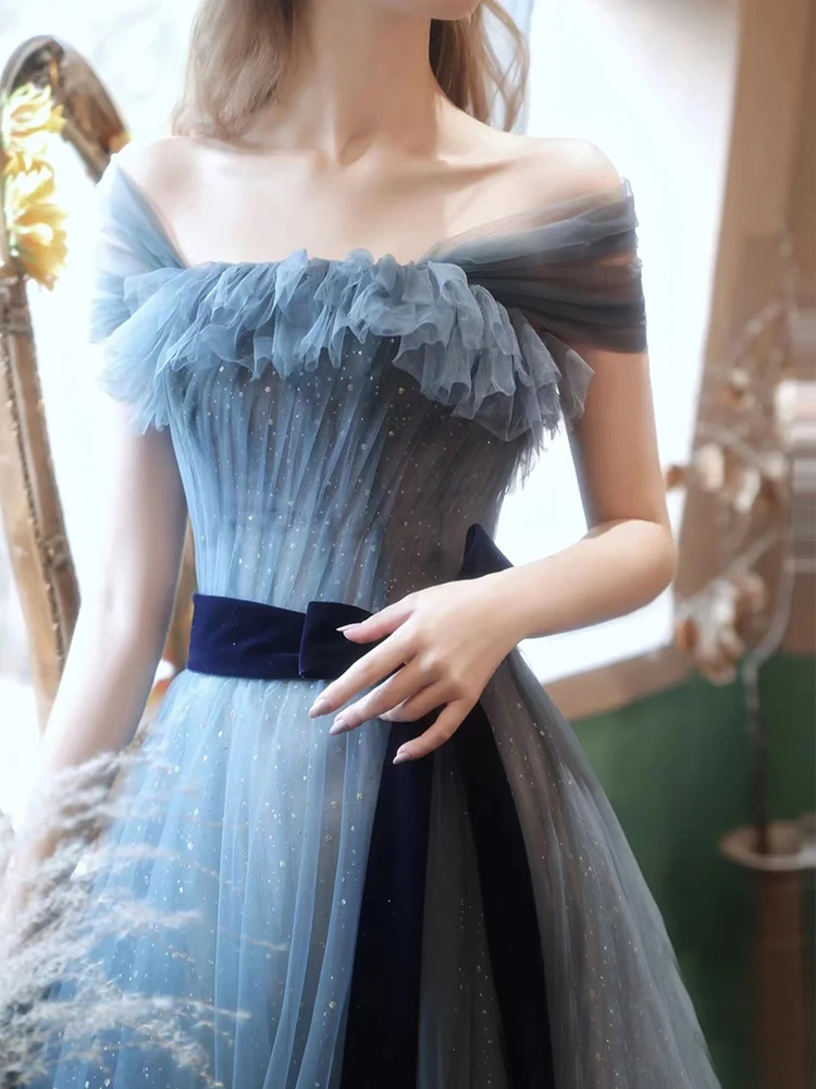 Greydish blue long sweat lady girl women princess bridesmaid banquet party prom dress gown