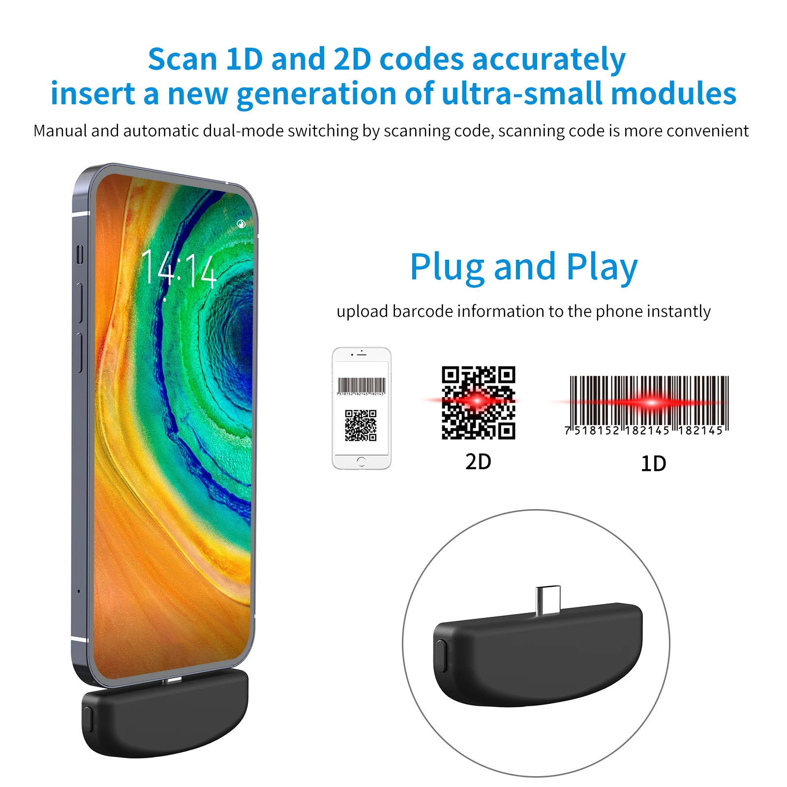 Barcode Scanner Mini 2D With Type C Interface Phone Mate Barcode Scanner All 1D 2D Bar And Screen Code 32 Bit CMOS