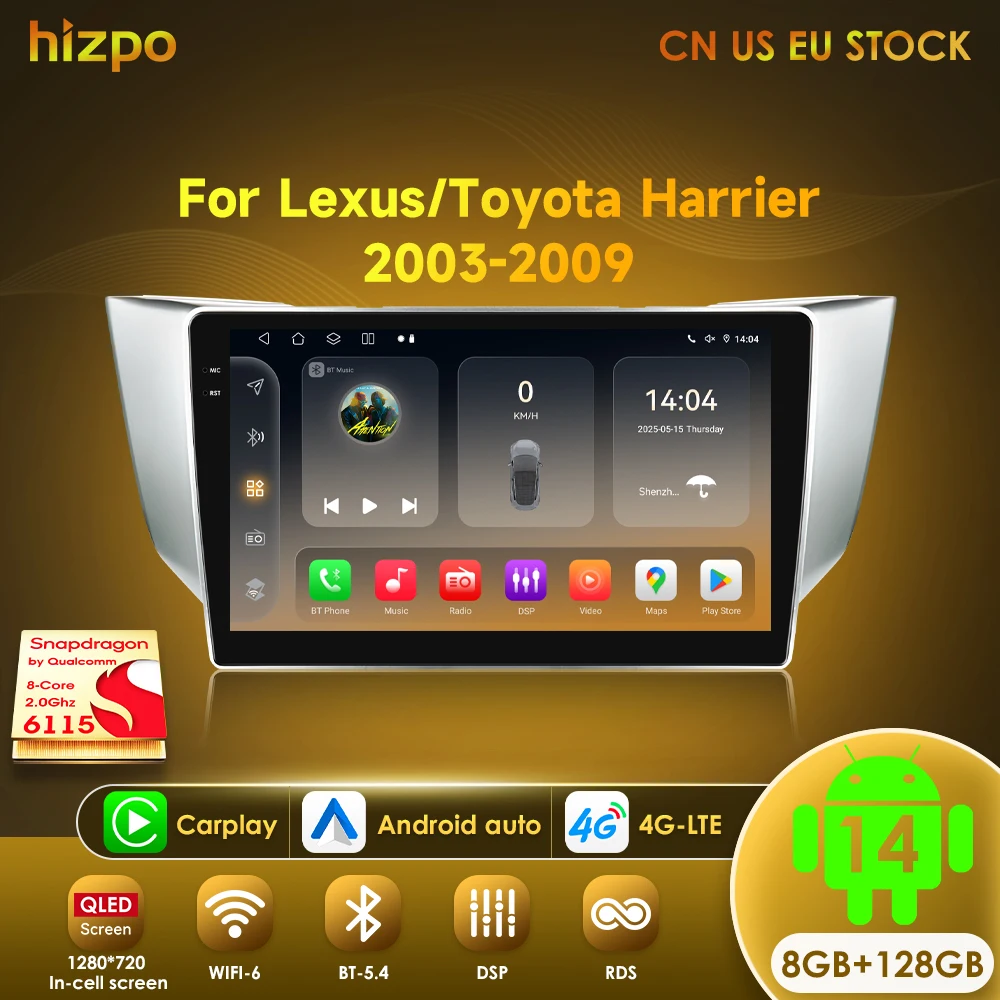 Hizpo Radio de coche Android14 QLED para Lexus RX300 RX330 RX350 RX400H II 2 Toyota Harrier XU30 reproductor estéreo navegación Auto Carplay 1