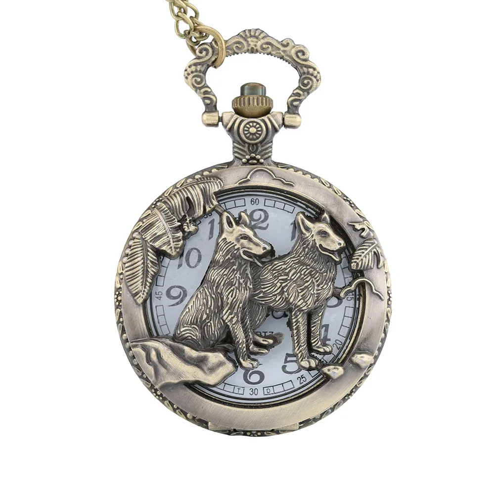 

Quartz Pocket Watch Open-faced Cover Mixed Style Wild Wolf Embossment Transparent Lid Pendant Gift LL@17