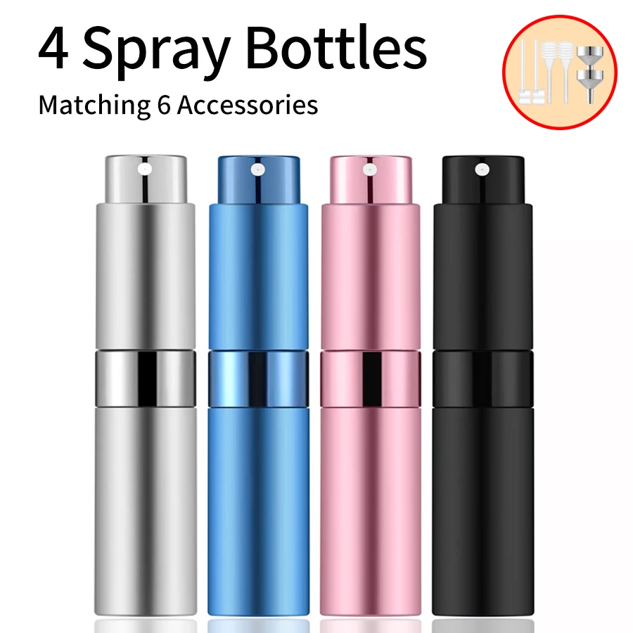 4PCS+6 Accessories Perfume Atomizer Refillable with 5 Spray Bottles, 2 Aluminum Funnel, 2 Dispensing Shenanigans, 2 Spring Straw 3