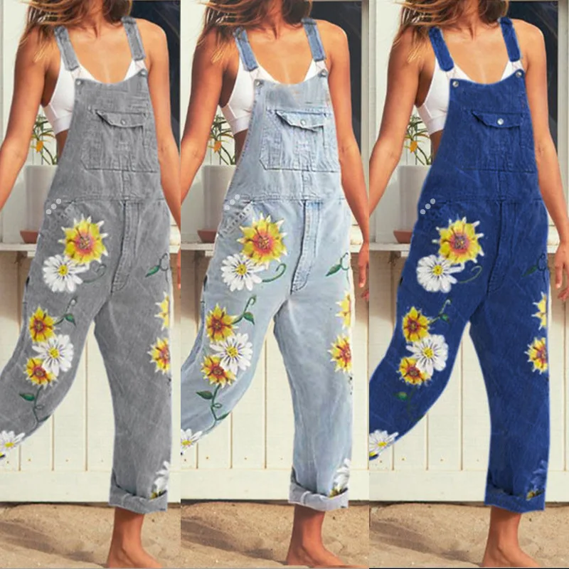 

2023 Women Girl Washed Denim bodysuit Ladies Casual Jeans Flower Print Rompers Womens Jumpsuit Overalls #4 Denim Jumpsuits
