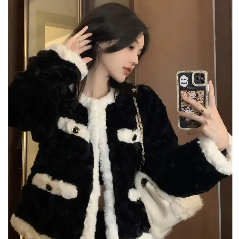 

Xiaoxiangfeng Black Lamb Plush Jacket Women's Autumn and Winter High-end Design Sense Temperament Niche Furry Top