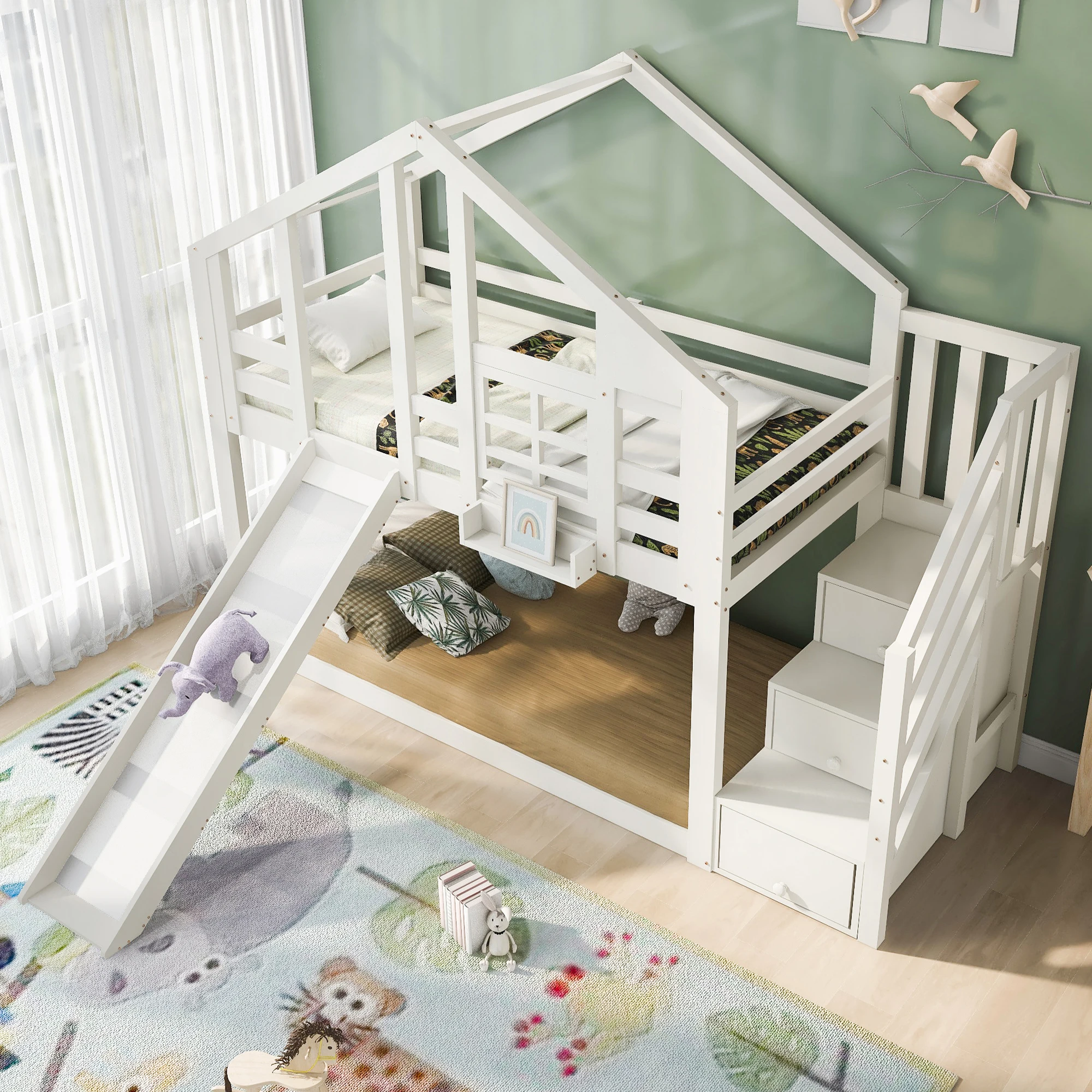 Kinder-Baumhausbett 90 x 200 cm, Etagenbett für Kinder im Fensterdesign mit Rutsche und Absturzsicherung, Weiß – Detail 9