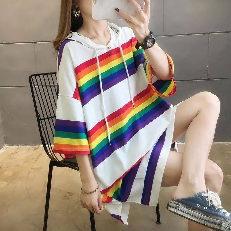 

DAYIFUN Short Sleeved Mid Length T-shirts Women 2023 Summer Korean Rainbow Stripe Hooded Tshirts Loose Oversized Versatile Tops