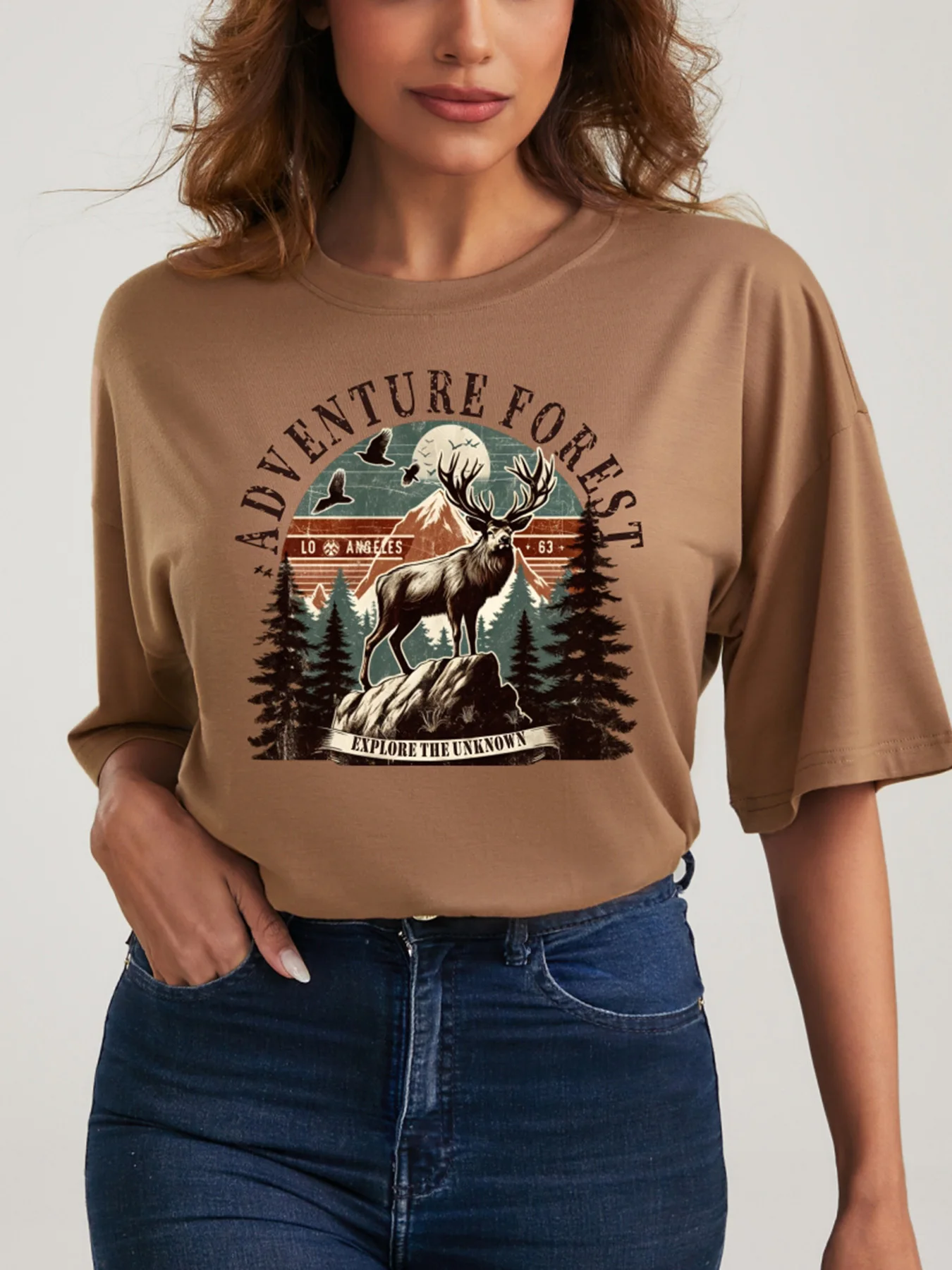 

Женская летняя футболка оригинального дизайна с принтом лесных гор, Женские повседневные топы с круглым вырезом и коротким рукавом