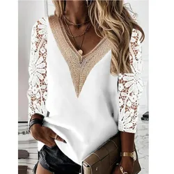 White Sexy Lace Hollow Women Top 2023 Spring V Neck Stitching T-shirt Blouse Nine Points Sleeve Mesh Design Tops Femme Blusas