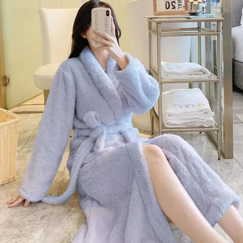 2022 플란넬 나이트가운, X-롱 목욕 가운, 두꺼운 솜털, 따뜻한 가정 서비스, 여성 허리띠, 잠옷, 가디건 재킷, 가을, 겨울
