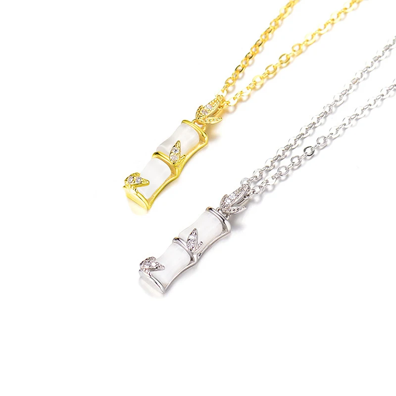 

100% 925 Sterling Silver Opal Plant Necklace for Women Girl Fashion Bamboo Geometric Design Jewelry Birthday Gift Dropshipping