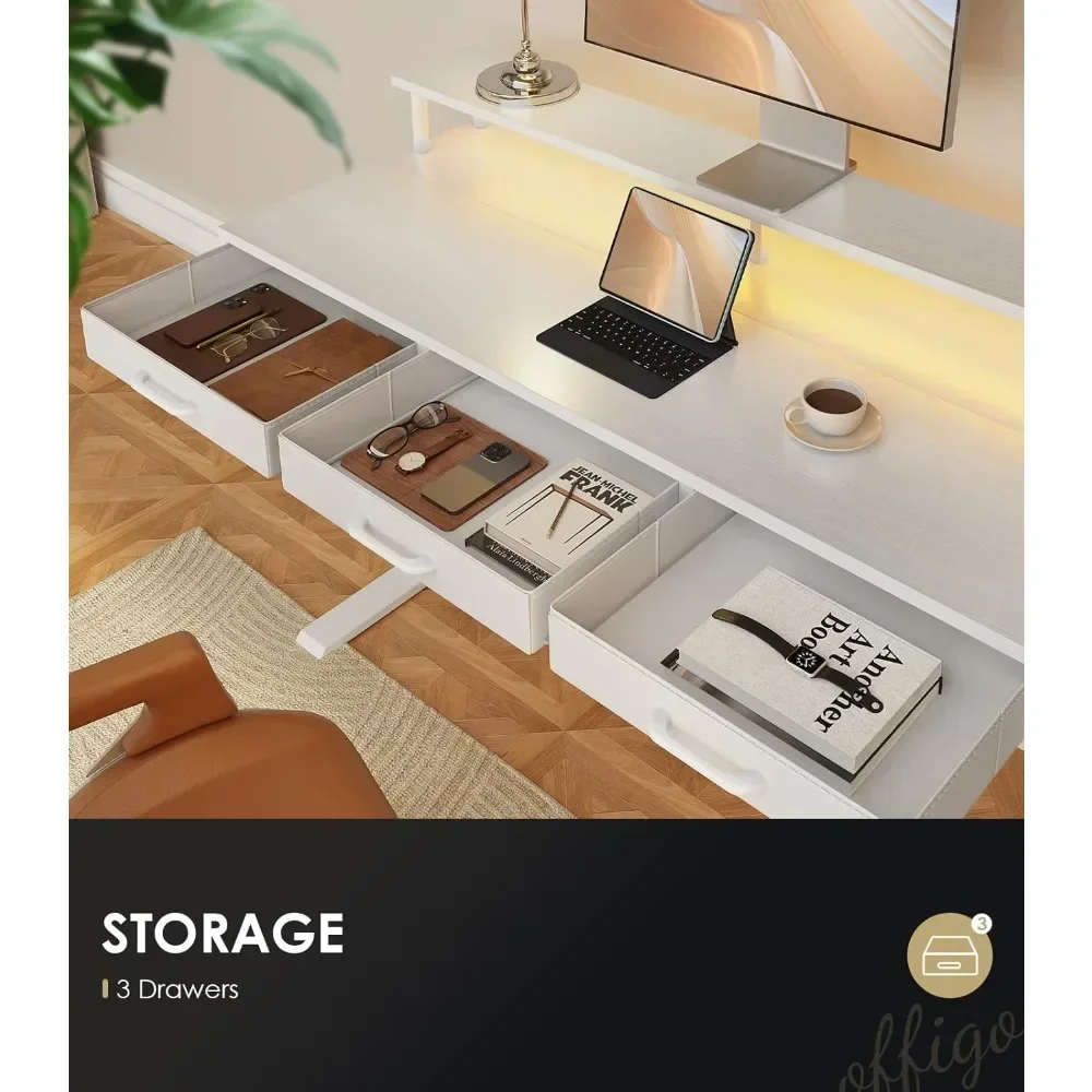 "height-adjustable desk with drawers, 55" standing desk with power outlets and led lighting, ergonomic sit-stand desk with monit