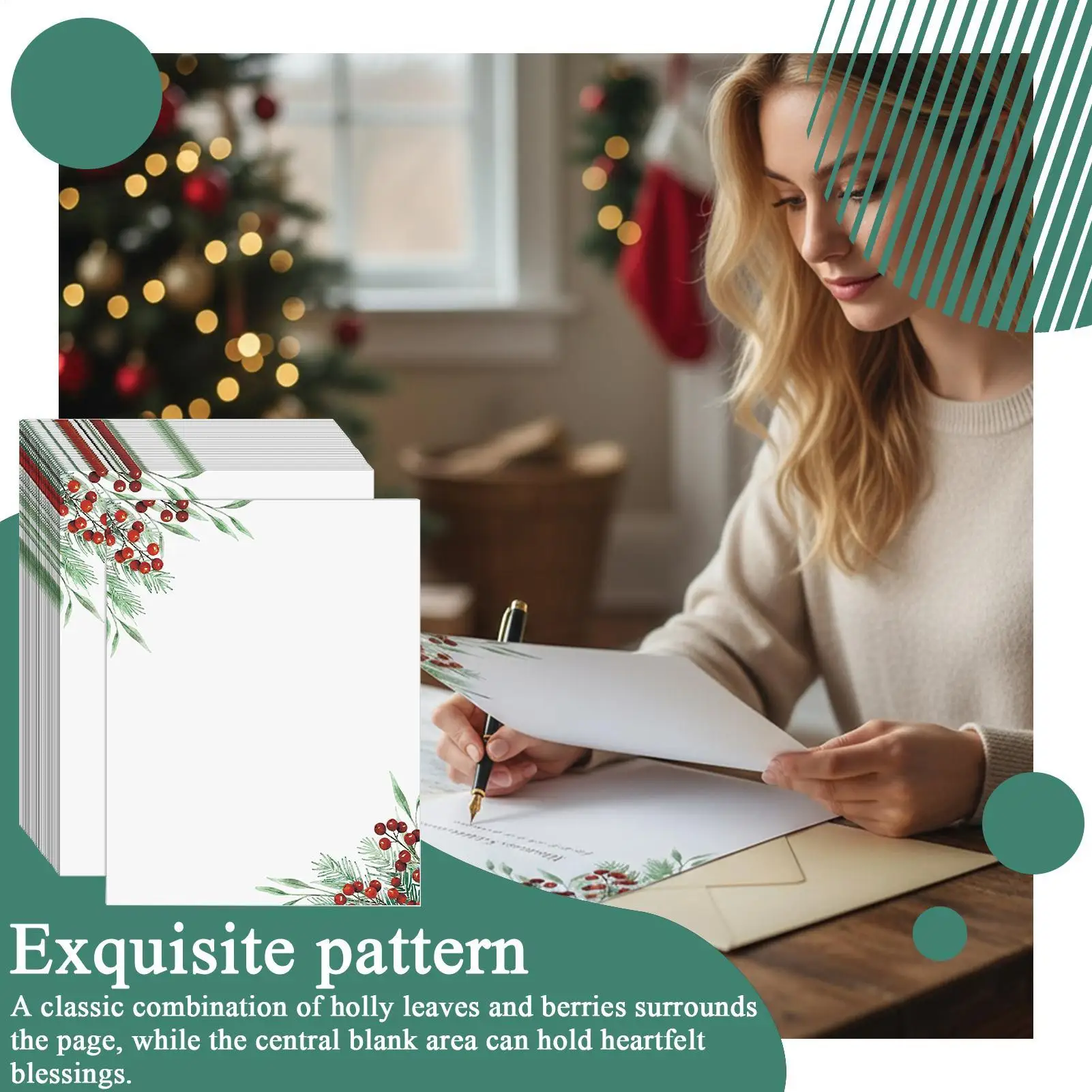 크리스마스 편지지 50장 축제 테두리 디자인 시트 휴일 프린터 용지 편지 메모 작성용 웨딩용