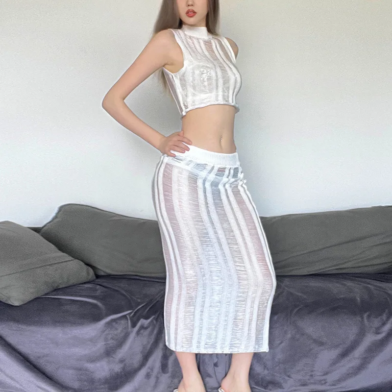 Spring and Summer New Women's Sexy Hollow-out Perspective Vest Slim High Waist Skirt Suit for WomenCok
