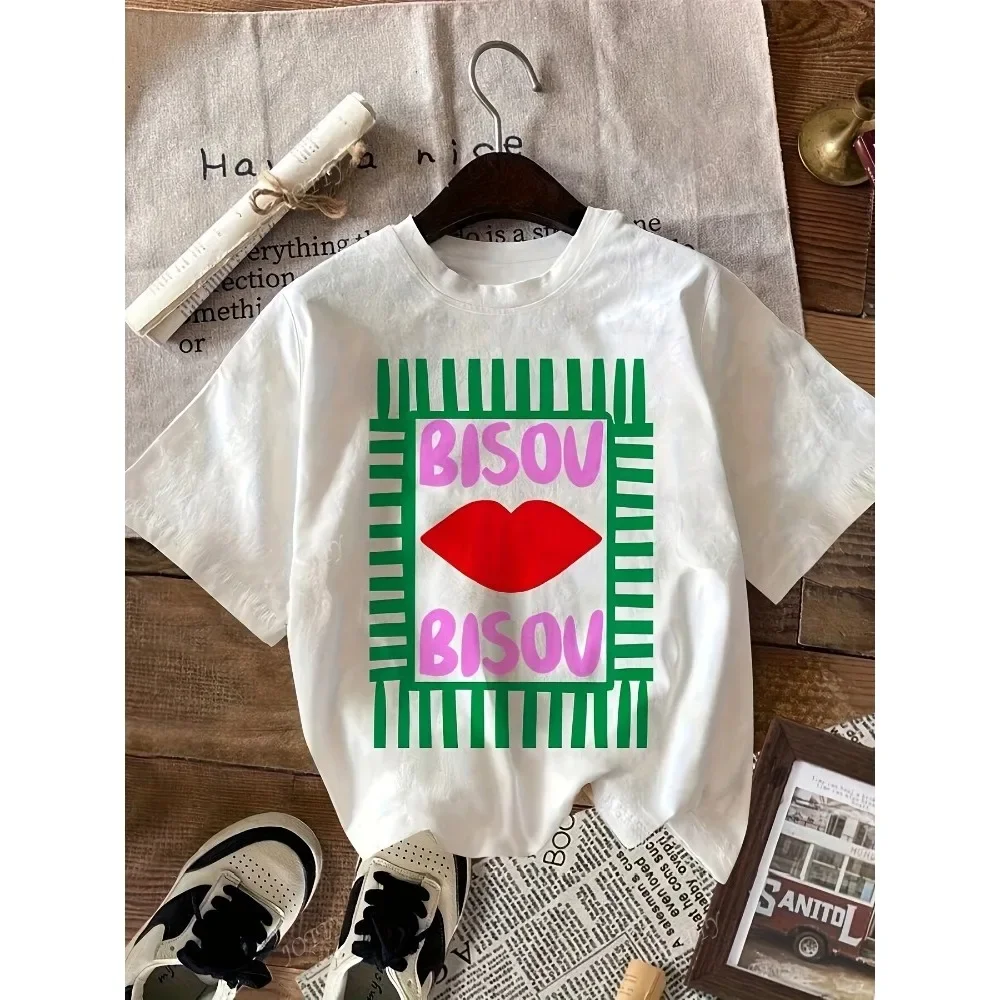 ตัวเลือกสินค้า เสื้อยืดลายริมฝีปากโดดเด่น ดีไซน์ลายทาง ใส่สบายสไตล์ชิลล์