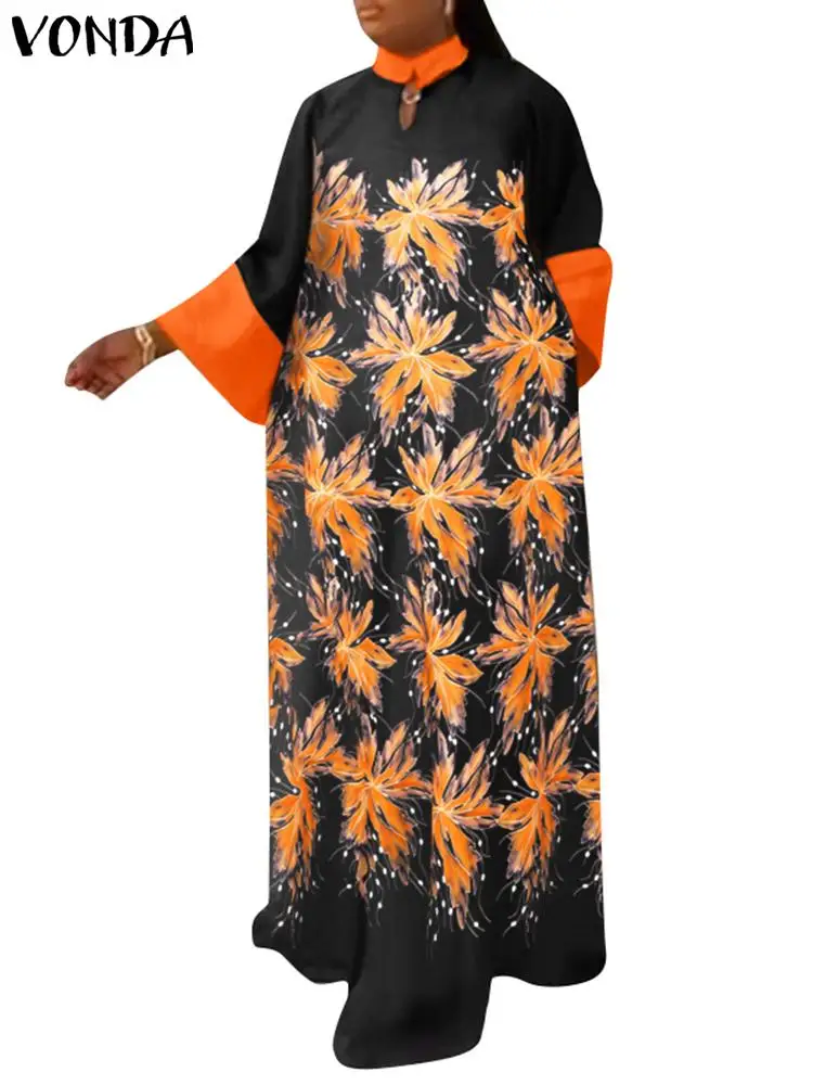

Long Maxi Dress 2024 VONDA Women Vintage Casual 3/4 Flare Sleeve Bohemian Printed Long Sundress Stand Collar Oversize Vestidos